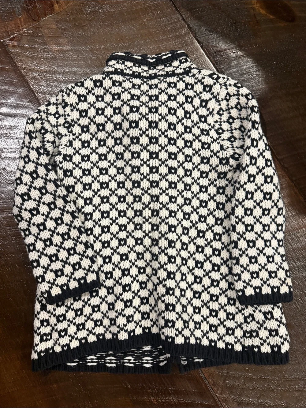 Girls Black & Cream Knit Double-Breasted Pea Coat with Velvet Bow